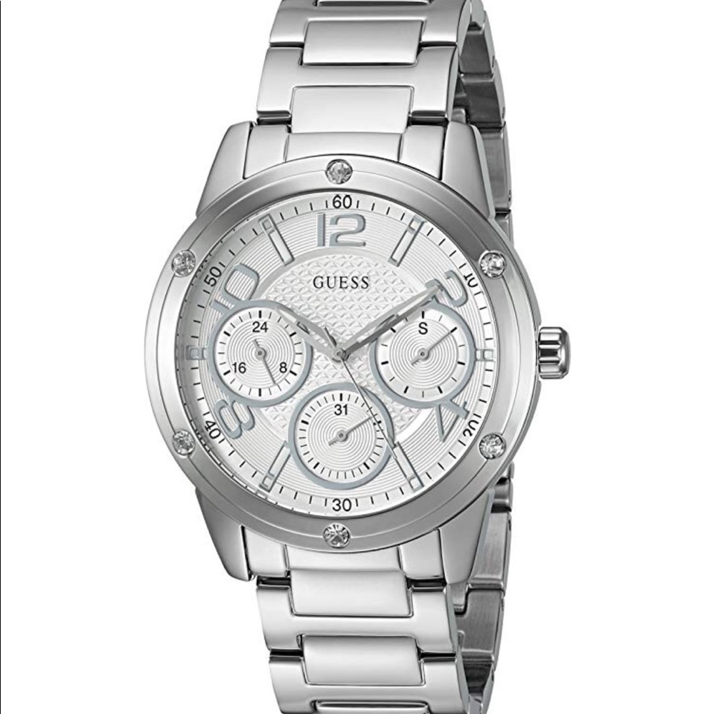 GUESS Silver-Tone Watch w/ Crystal-Accented Bezel